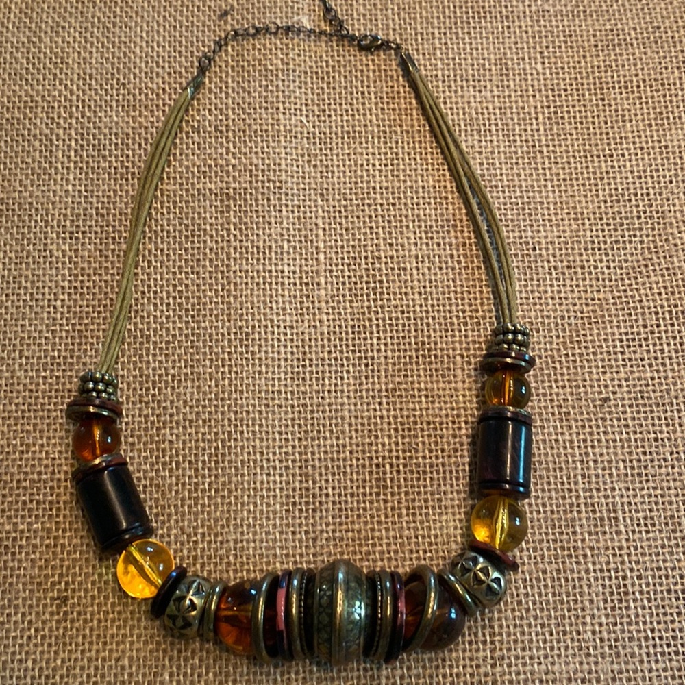 Chunky Beaded Necklace 20” Amber Colored Stones